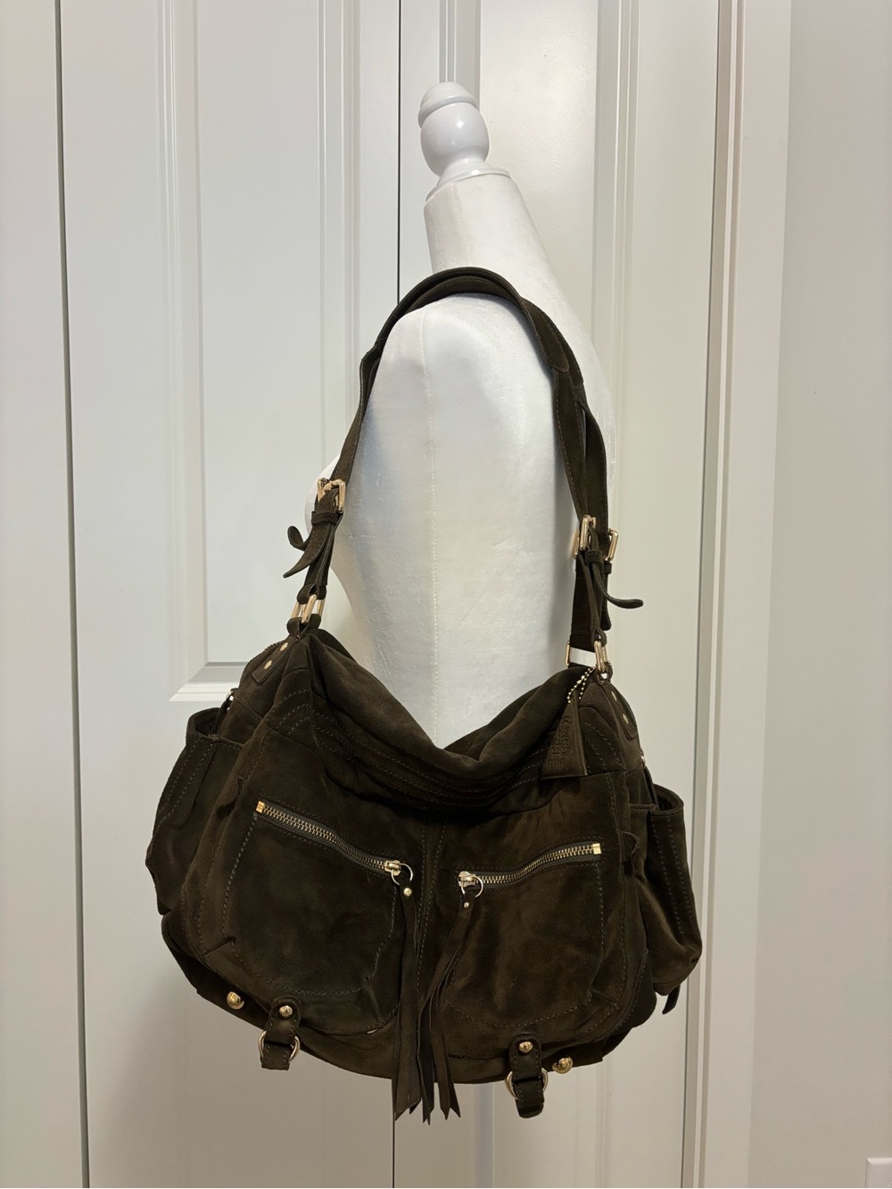 Sorial Olive Suede Hobo Shoulder Bag with Gold Hardware